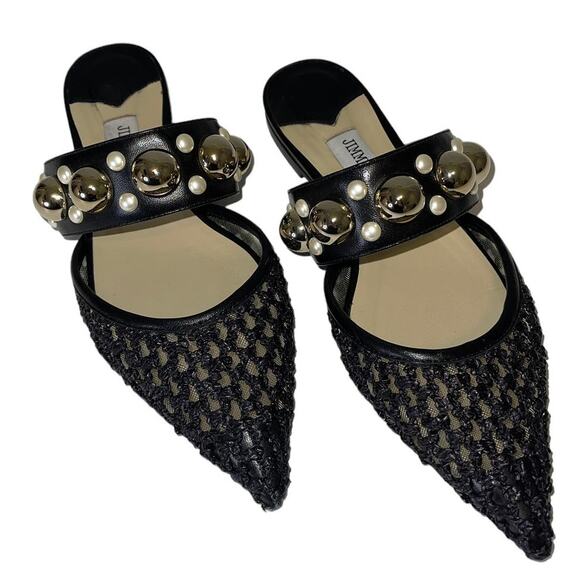 Jimmy Choo Black Basette Pointed Toe Slip On Mules Size 37 - Picture 1 of 15